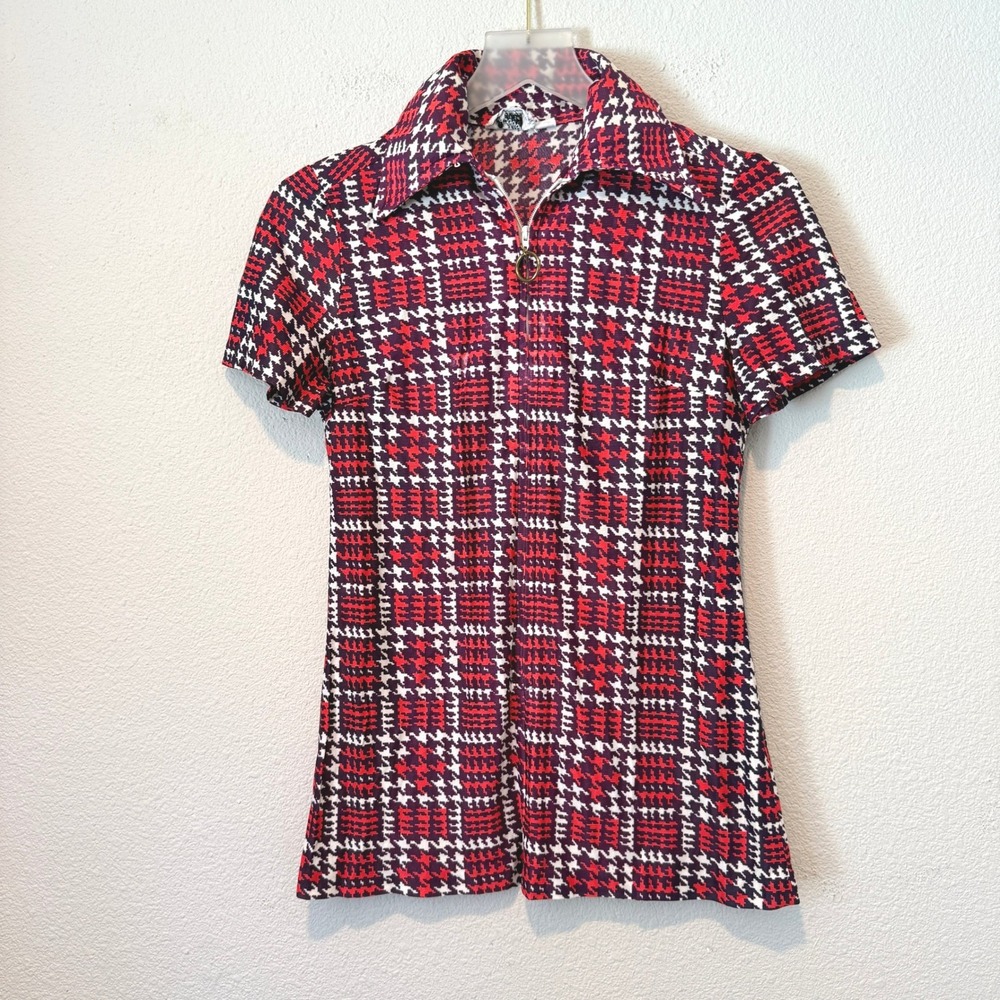 Vintage Robbie of California 70s Mod Houndstooth Plaid Half Zip Ring Pull Top